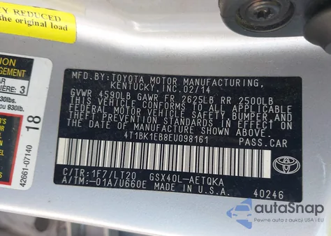 2014 Toyota Avalon Xle Touring z USA, uszkodzony, nr VIN 4T1BK1EB8EU098161